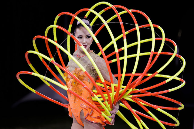 Khulan from Mongolia performs during a media call at Zippos Circus in Victoria Park on June 15, 2023 in Glasgow, Scotland. The circus troupe's Scottish tour kicks off in Victoria Park, Glasgow and between now and August will appear in Elgin, Peterhead, Banff, Inverurie, Stonehaven, Arbroath, Kirkintilloch and Ayr. (Photo by Jeff J Mitchell/Getty Images)