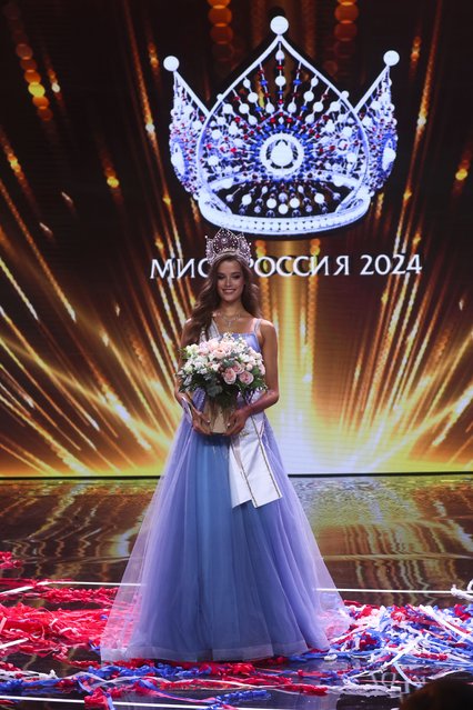 Valentina Alekseyeva from Chuvash Republic of Russia poses for a photo after been crowned as the Miss Russia 2024 during the beauty pageant's final at the concert hall of Barvikha Luxury Village just outside Moscow, Russia, Sunday, October 6, 2024. (Photo by Ilya Mcharov/AP Photo)