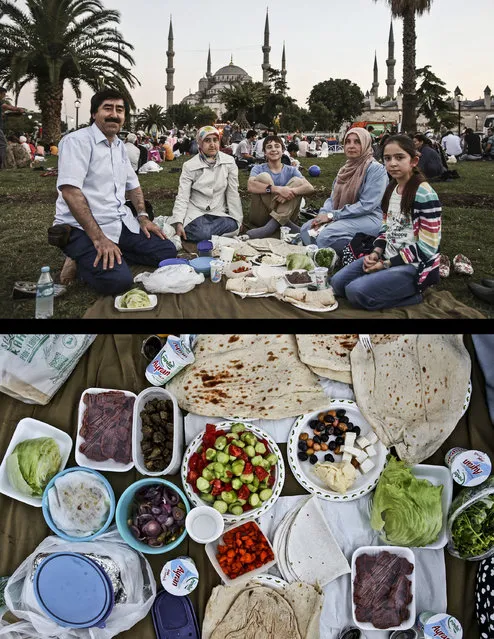 This combination of two photos taken on Wednesday, July 9, 2014, shows a Muslim family waiting to break their fast, top, and their meal, bottom, during the holy month of Ramadan in Istanbul, Turkey. The Sultan Ahmed Mosque, one Istanbul's landmarks is seen at background. Fasting is a physical and mental exercise meant to draw worshippers closer to God and increase empathy for the poor. (Photo by Emrah Gurel/AP Photo)