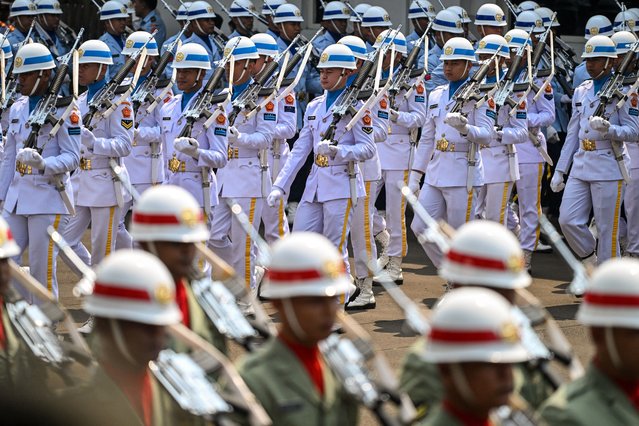 Indonesian troops attend a handover ceremony at the Ministry of Defense in Jakarta on October 22, 2024. (Photo by Juni Kriswanto/AFP Photo)