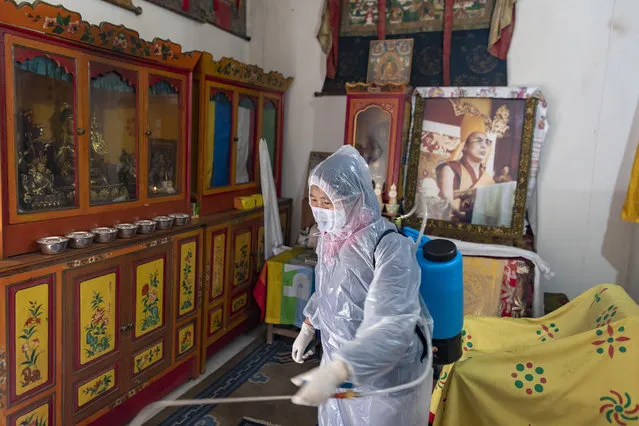 A portrait of the Tibetan spiritual leader the Dalai Lama adorns a prayer room as an employee of the Central Tibetan Administration in protective clothing sprays a steriliser as a precaution against the coronavirus in Dharmsala, India, Thursday, March 19, 2020. (Photo by Ashwini Bhatia/AP Photo)