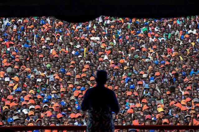 Kenya's former vice president Stephen Kalonzo Musyoka delivers a speech during a campaign rally of Azimio La Umoja Party (One Kenya Coalition Party) in Jomo Kenyatta International Stadium in Kisumu, on August 4, 2022, ahead of country's general election. Kenyans will head to the polls On August 9, 2022 in a contested tight battle between veteran opposition leader Raila Odinga and current Deputy President William Ruto as they traverse the country vying for electorate support. (Photo by Patrick Meinhardt/AFP Photo)