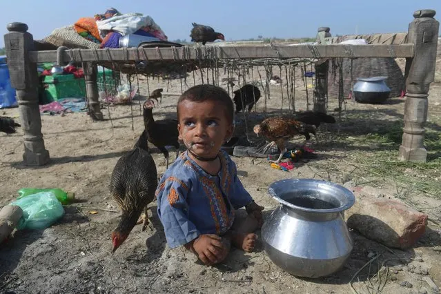 A child sits on a dry ground near by his family after fleeing from flood hit home in Shikarpur of Sindh province on August 30, 2022. Aid efforts ramped up across flooded Pakistan on August 30 to help tens of millions of people affected by relentless monsoon rains that have submerged a third of the country and claimed more than 1,100 lives. (Photo by Asif Hassan/AFP Photo)