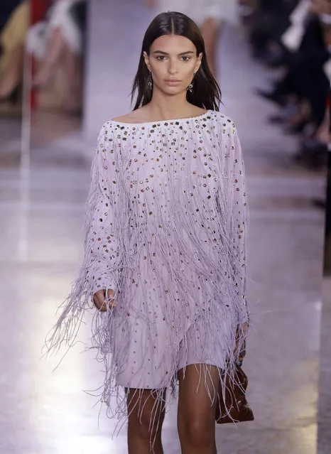 A model wears a creation as part of the Bottega Veneta women's Spring/Summer 2018 fashion collection, presented in Milan, Italy, Saturday, September 23, 2017. (Photo by Luca Bruno/AP Photo)