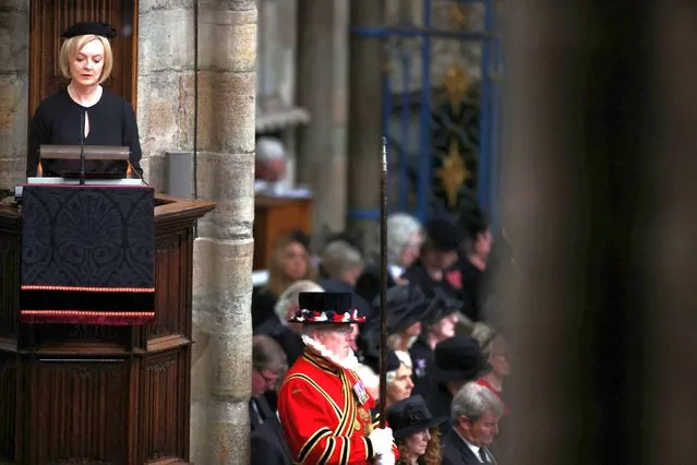 British Prime Minister Liz Truss speaks, on the day of the state funeral and burial of Britain's Queen Elizabeth, at Westminster Abbey in London, Britain on September 19, 2022. (Photo by Phil Noble/Pool via Reuters)