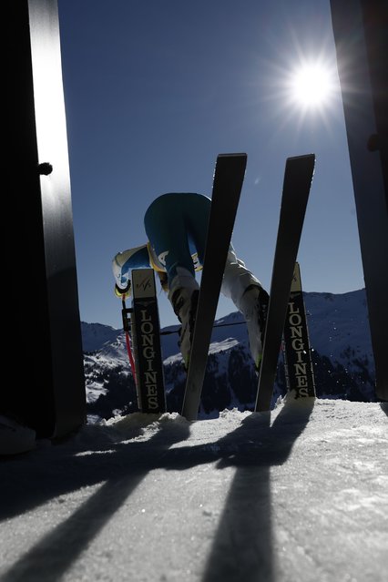 United States' Lindsey Vonn starts an alpine ski, women's World Championship downhill training, in Saalbach-Hinterglemm, Austria, Tuesday, February 4, 2025. (Photo by Gabriele Facciotti/AP Photo)