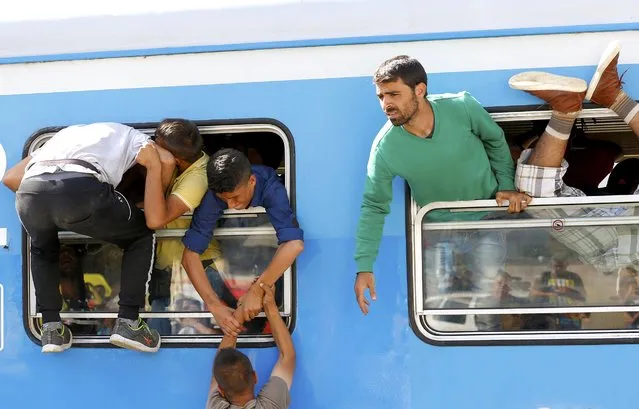 Migrants scramble through a train's window at the station in Beli Manastir, Croatia September 18, 2015. (Photo by Laszlo Balogh/Reuters)