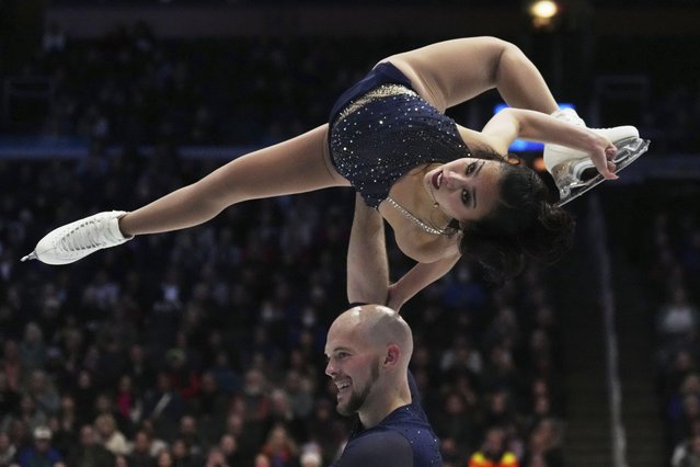 Ellie Kam and Danny O'Shea, of the United States, perform during their pairs short program at the figure skating world championships, Wednesday, March 26, 2025, in Boston. (Photo by Charles Krupa/AP Photo)