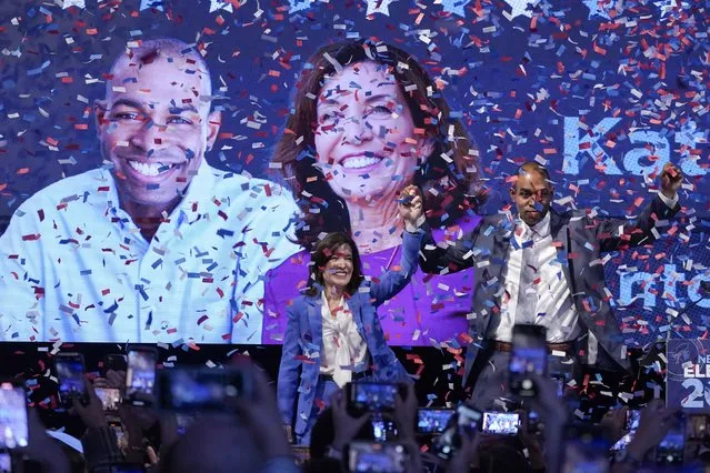 New York Gov. Kathy Hochul stands with Lt. Gov. Antonio Delgado during their election-night party Tuesday, November 8, 2022, in New York. (Photo by Mary Altaffer/AP Photo)
