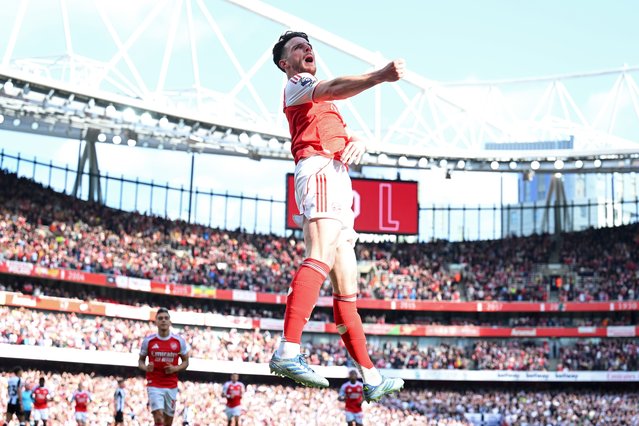Declan Rice of Arsenal celebrates scoring his team's first goal during the Premier League match between Arsenal FC and Newcastle United FC at Emirates Stadium on May 18, 2025 in London, England. (Photo by Stuart MacFarlane/Arsenal FC via Getty Images)