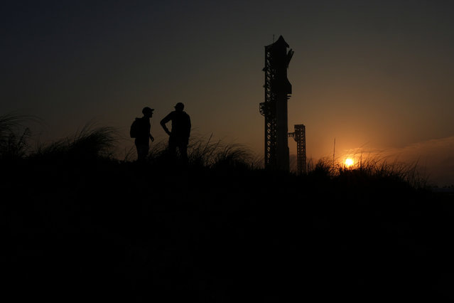 The sun sets as SpaceX's mega rocket Starship is prepared for a test flight from Starbase, Texas, Monday, May 26, 2025. (Photo by Eric Gay/AP Photo)