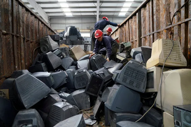 Monitors about to be recycled are seen in a warehouse at the government-sponsored recycling park in the township of Guiyu, Guangdong Province, China January 12, 2018. (Photo by Aly Song/Reuters)