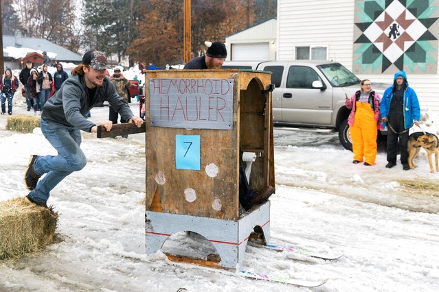 Conconully Outhouse Race competitors navigate the course during a race in Conconully, Washington, U.S., January 14, 2023. (Photo by Matt Mills McKnight/Reuters)