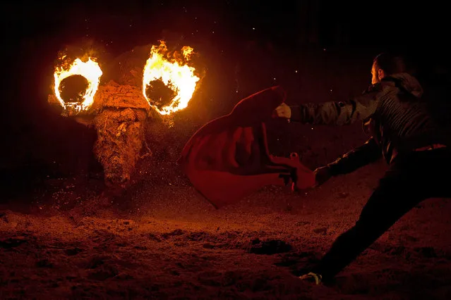 A reveler uses a jersey as a cape ahead a bull with its horns on fire during the “Toro de Jubilo” fire bull festival November 16, 2014 in Medinaceli, Spain. (Photo by Gonzalo Arroyo Moreno/Getty Images)