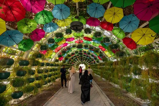 People walk through the floral arch at the Al Masrah Park on Doha corniche, in Doha, Qatar, Wednesday, December 7, 2022. (Photo by Hassan Ammar/AP Photo)