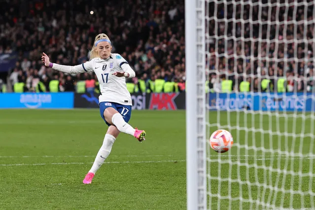 Chloe Kelly of England scores the winning penalty in the shoot out during the Womens Finalissima match between England and Brazil Women at Wembley Stadium on April 6, 2023 in London, England. (Photo by Charlotte Wilson/Offside/Offside via Getty Images)
