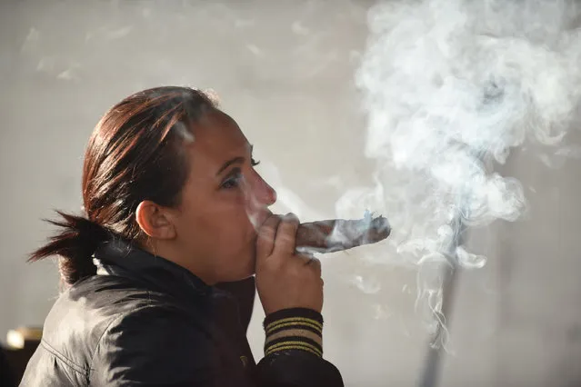 A woman smokes a cigar as she pays homage before an image of San Simon in the municipality of San Andres Iztapa in Chimaltenango, some 40 km west of Guatemala City, on October 28, 2016, during a pagan festival to honor the saint. Thousands of devotees bring cigarettes and spirits offerings to the saint – not recognized by the Catholic Church – who is believed to be the protector of the homeless, prostitutes, alcoholics and drug-traffickers. (Photo by Johan Ordonez/AFP Photo)