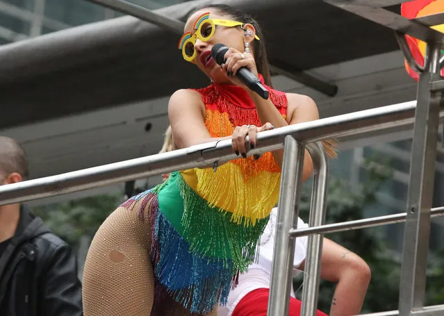 The singer Anitta, during a show in the parade of the 22nd edition of the LGBT Pride Parade in the city of São Paulo, held on Avenida Paulista, on Sunday (3). The event is an initiative of the ONG APOGLBT-SP (Association of Gay Pride Parade of Gays, Lesbians, Bisexuals and Transgender of São Paulo) and brings this year's theme Elections: Our Vow, Our Voice. June 03, 2018. (Photo by Fabio Vieira/FotoRua/NurPhoto via Getty Images)