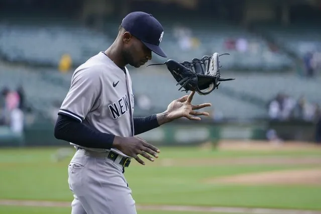 New York Yankees pitcher Domingo Germán takes the field before the team's baseball game against the Oakland Athletics in Oakland, Calif., Wednesday, June 28, 2023. (Photo by Godofredo A. Vásquez/AP Photo)