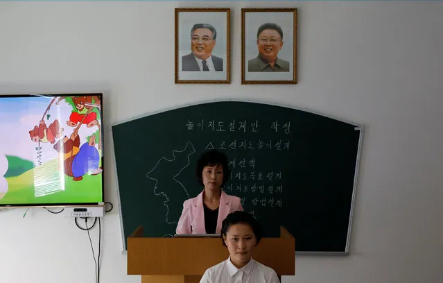 A teacher at a teachers' training college during a government organised visit for foreign reporters ahead of the 70th anniversary of North Korea's foundation, in Pyongyang, North Korea on September 7, 2018. (Photo by Danish Siddiqui/Reuters)