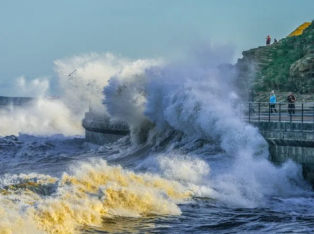 Large waves crash onto seafront at Tynemouth in the North East, UK late Sunday afternoon on October 15, 2023. (Photo by Ian Sproat/Picture Exclusive)