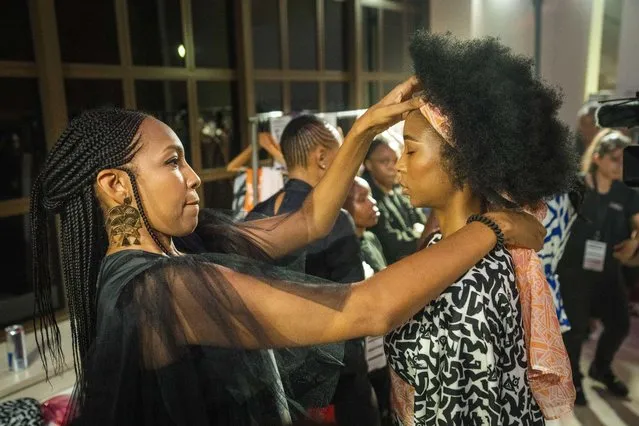 Niger fashion designer Alia Bare prepares a model for her show during Johannesburg Fashion Week 2023 in Johannesburg, South Africa, Thursday, November 9, 2023. (Photo by Jerome Delay/AP Photo)