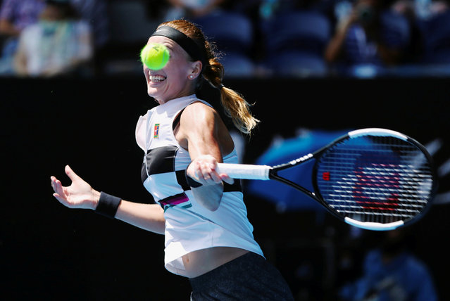 Czech Republic's Petra Kvitova hits a return against Amanda Anisimova of the US during their women's singles match on day seven of the Australian Open tennis tournament in Melbourne on January 20, 2019. (Photo by Lucy Nicholson/Reuters)