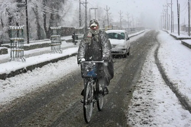 A cyclists rides through snowfall on the outskirts of Srinagar, India, Tuesday, December 31, 2013. Snowfall in the Indian portion of Kashmir has disrupted power supply, air traffic and road traffic between Srinagar and Jammu, the summer and winter capitals of India's Jammu-Kashmir state, according to news reports. (Photo by Dar Yasin/AP Photo)