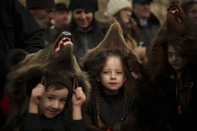 Sofia, 6 years-old, center, a members of a traditional bear pack takes part in a parade before performing in a festival in Moinesti, northern Romania, Wednesday, December 27, 2023. Centuries ago, people in what is now northeastern Romania would don bear fur and dance to fend off evil spirits. Nowadays, the unique custom thrives, with popular festivals drawing large crowds of locals and tourists. (Photo by Vadim Ghirda/AP Photo)