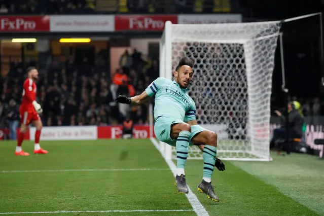 Pierre-Emerick Aubameyang of Arsenal celebrates scoring the winning goal during the Premier League match between Watford FC and Arsenal FC at Vicarage Road on April 15, 2019 in Watford, United Kingdom. (Photo by David Klein/Reuters)