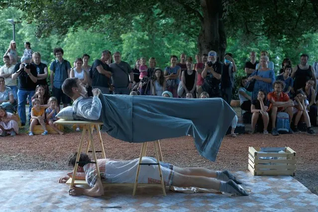Andrej Tomse and Luka Piletic (SLO) perform during the Ana Desetnica international Street Theatre Festival in Ljubljana, Slovenia on June 30, 2021. The Ana Desetnica international street theatre festival in Ljubljana is taking place from June 30 to July 4, 2021. (Photo by Luka Dakskobler/SOPA Images/Rex Features/Shutterstock)