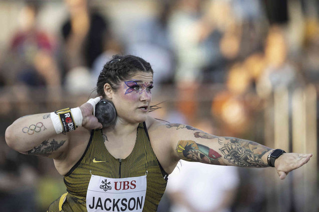 Chase Jackson of the United States competes in the Shot Put Women  during the World Athletics Diamond League Athletissima meeting at the Stade Olympique de la Pontaise in Lausanne, Switzerland, Thursday, August 22, 2024. (Photo by Jean-Christophe Bott/Keystone via AP Photo)