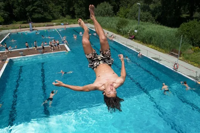 Leopold jumps into the water of the Freibad Wostra public open air pool in Dresden, eastern Germany, on June 20, 2017, where temperatures were around 30 degrees Celsius. (Photo by Sebastian Kahnert/AFP Photo/DPA)
