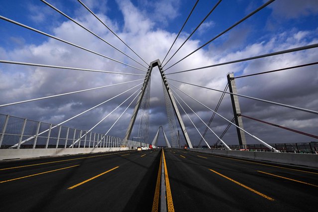 A photo shows the newly built Leverkusen bridge on the A1 motorway at Leverkusen on January 24, 2024. The motorway A1 between Cologne and Leverkusen is currently closed until February 4, 2024 after which traffic will be able to cross the bridge in both directions on three narrow lanes. For the first time in almost ten years, heavy goods vehicles will also be allowed to cross the Rhine at this point. (Photo by Ina Fassbender/AFP Photo)