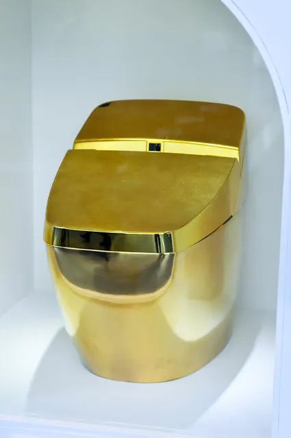 A gold toilet is displayed during the “Toilet!? Human Waste and Earth's Future” exhibition at The National Museum of Emerging Science and Innovation – Miraikan on July 1, 2014 in Tokyo, Japan. The exhibition focuses on how the toilet has changed our daily lives and discovers what the most environment-friendly and ideal toilet is.  (Photo by Keith Tsuji/Getty Images)