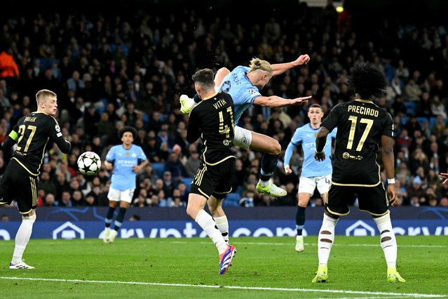 Manchester City's Norwegian striker #09 Erling Haaland scores the team's second goal during the UEFA Champions League football match between Manchester City and Sparta Prague at the Etihad Stadium in Manchester, north west England, on October 23, 2024. (Photo by Oli Scarff/AFP Photo)