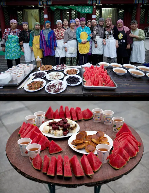 This combination of two photos taken on Wednesday, July 2, 2014, shows Chinese Muslim women posing for a photograph before breaking their fast, top, and their meal, bottom, during the holy month of Ramadan at Niujie Mosque in Beijing, China. (Photo by Andy Wong/AP Photo)