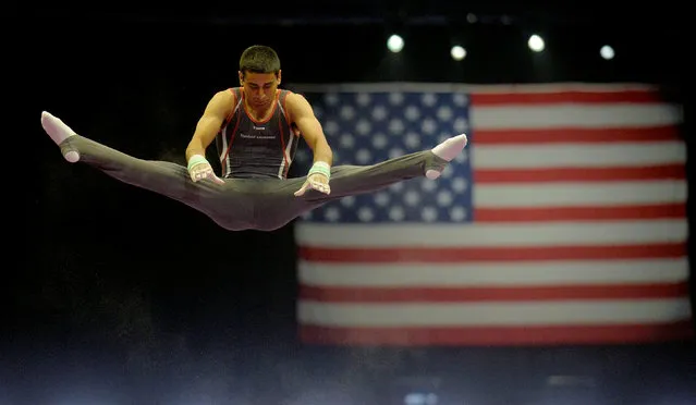 Akash Modi competes on the high bar during the 2017 P&G Gymnastics Championships at Honda Center in Anaheim, CA, USA on August 17, 2017. (Photo by Gary A. Vasquez/USA TODAY Sports)