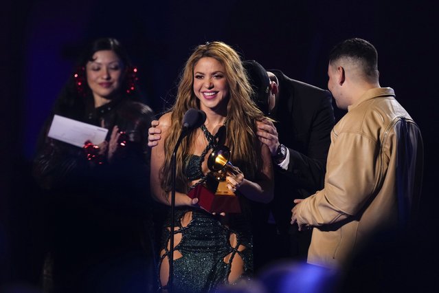 Colombian singer-songwriter Shakira, from left, Bizarrap, and Kevyn Mauricio Cruz accept the award for song of the year for “Shakira: Bzrp Music Sessions, Vol. 53” during the 24th annual Latin Grammy Awards in Seville, Spain, Thursday, November 16, 2023. (Photo by Jose Breton/Invision/AP Photo)