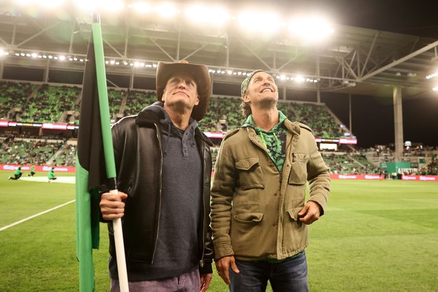 (L-R) Woody Harrelson and Matthew McDonough attend the MLS match between Austin FC and Colorado Rapids at Q2 Stadium on March 8, 2025 in Austin, Texas. (Photo by Omar Vega/Getty Images)