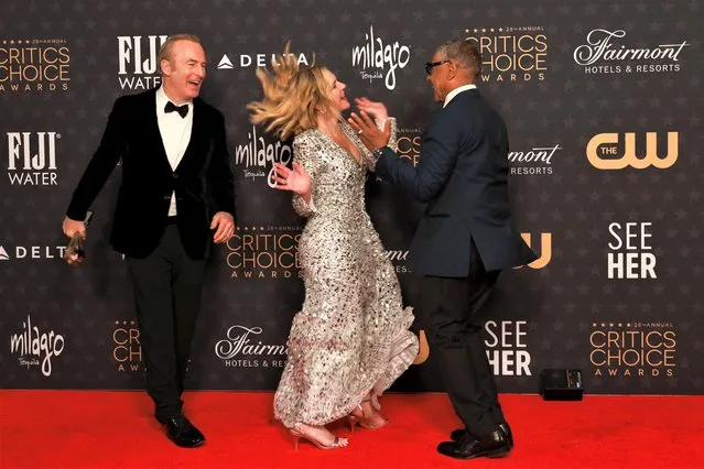 Bob Odenkirk, Rhea Seehorn and Giancarlo Esposito, winners of the Best Drama Series for “Better Call Saul”, at the 28th annual Critics Choice Awards in Los Angeles, California, U.S., January 15, 2023. (Photo by Aude Guerrucci/Reuters)