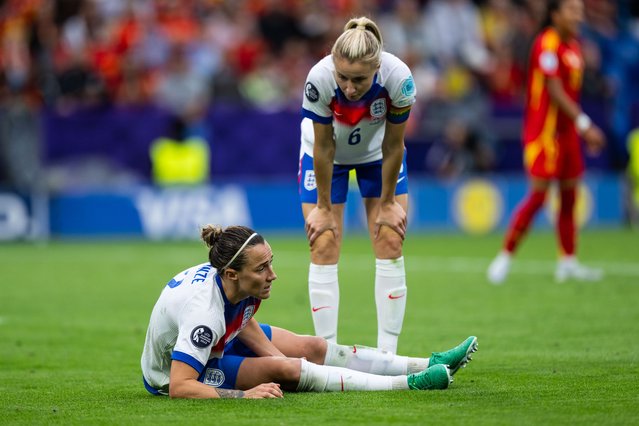 Lucy Bronze of England on the ground during the UEFA Women's EURO 2025 Final match between England and Spain at St. Jakob-Park on July 27, 2025 in Basel, Switzerland. (Photo by Markus Gilliar – GES Sportfoto/Getty Images)