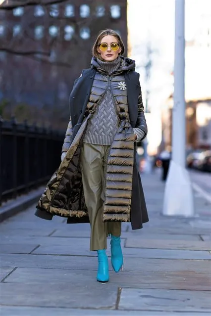 American socialite, fashion influencer, entrepreneur, model and television personality Olivia Palermo looks fashionable whilst stepping out in New York City early February 2023. Olivia wore a metallic puffer trench coat, silver cable knit sweater, green leather trousers, and blue boots. (Photo by The Image Direct)