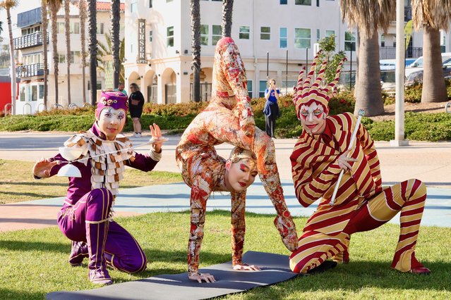 (L-R) Mitch Wynter, Wei-Liang Lin and Sender Enkhtur attend Cirque du Soleil Cast Meet And Greet to celebrate it's return after 10 years at Santa Monica Pier on April 29, 2024 in Santa Monica, California. (Photo by Robin L Marshall/Getty Images)