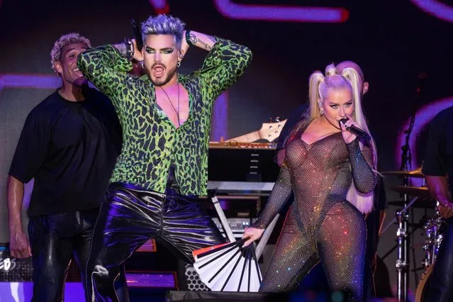 American singer-songwriters Adam Lambert & Christina Aguilera perform during Pride Island at Brooklyn Army Terminal on June 25, 2023 in New York City. (Photo by Astrida Valigorsky/Getty Images)