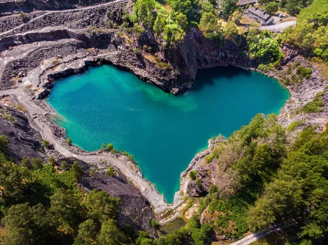 The Elterwater quarry in Cumbria, North West England on June 12, 2023 which has now reached a water level that reveals a hidden heart shape in the stone. (Photo by Steven Lomas/Animal News Agency)