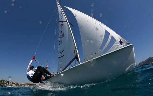 Noa Lasry and Nitai Hason of Israel in action preparing to race in their Mixed 470 Class Dinghy during a practice session ahead of the Paris 2024 Sailing Test Event at Marseille Marina on July 08, 2023 in Marseille, France. (Photo by Clive Mason/Getty Images)