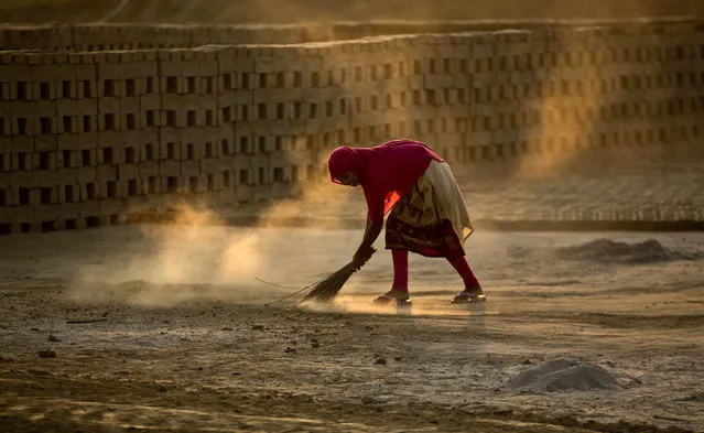 An Indian laborer sweeps at a brick kiln factory on the outskirt of Gauhati, India, Thursday, November 22, 2018. Most laborers here earn Rupees 120 (less than 2 Dollars) per day. (Photo by Anupam Nath/AP Photo)