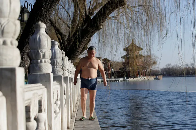 A winter swimmer walks on the lake bank at the Houhai area as blue sky returns after winds dispelled dangerously high levels of air pollution in Beijing, China December 22, 2016. (Photo by Jason Lee/Reuters)