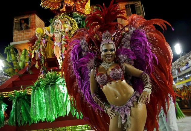 A reveller of Salgueiro samba school performs during the carnival parade at the Sambadrome in Rio de Janeiro February 8, 2016. (Photo by Sergio Moraes/Reuters)
